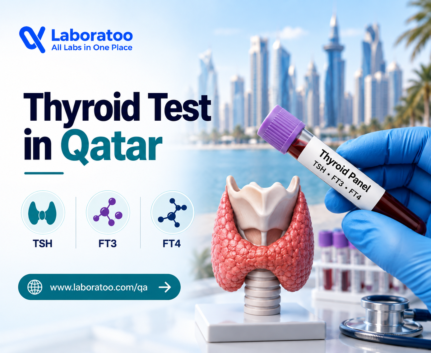 Thyroid Test in Qatar showing TSH, FT3 and FT4 thyroid profile blood test with laboratory sample and thyroid gland illustration