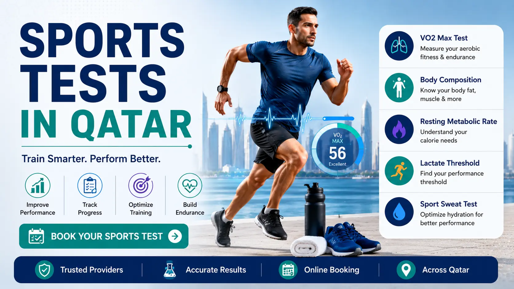 Sports performance testing in Qatar featuring VO2 Max testing, body composition analysis, lactate threshold assessment, and athlete fitness evaluation.