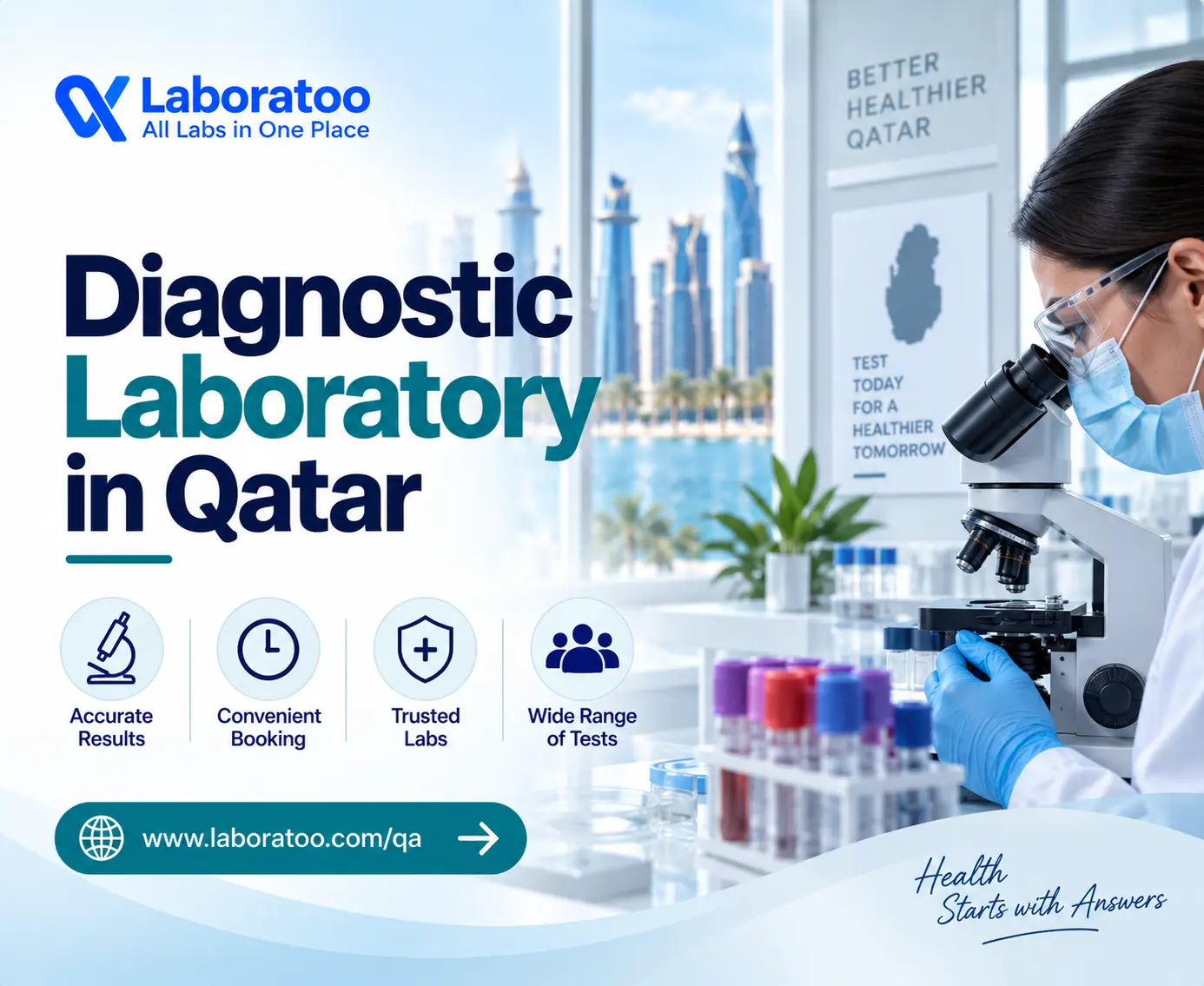 Diagnostic laboratory professionals conducting medical testing and sample analysis in Qatar