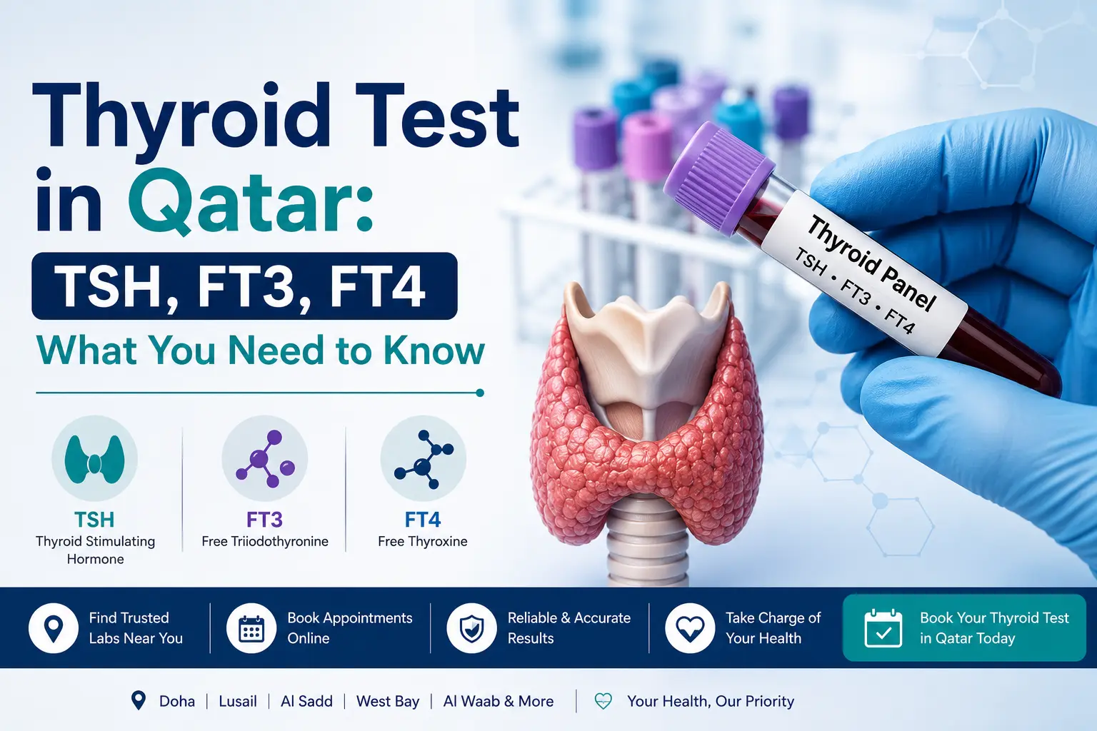 Thyroid Test in Qatar showing TSH, FT3 and FT4 thyroid profile blood test with laboratory sample and thyroid gland illustration