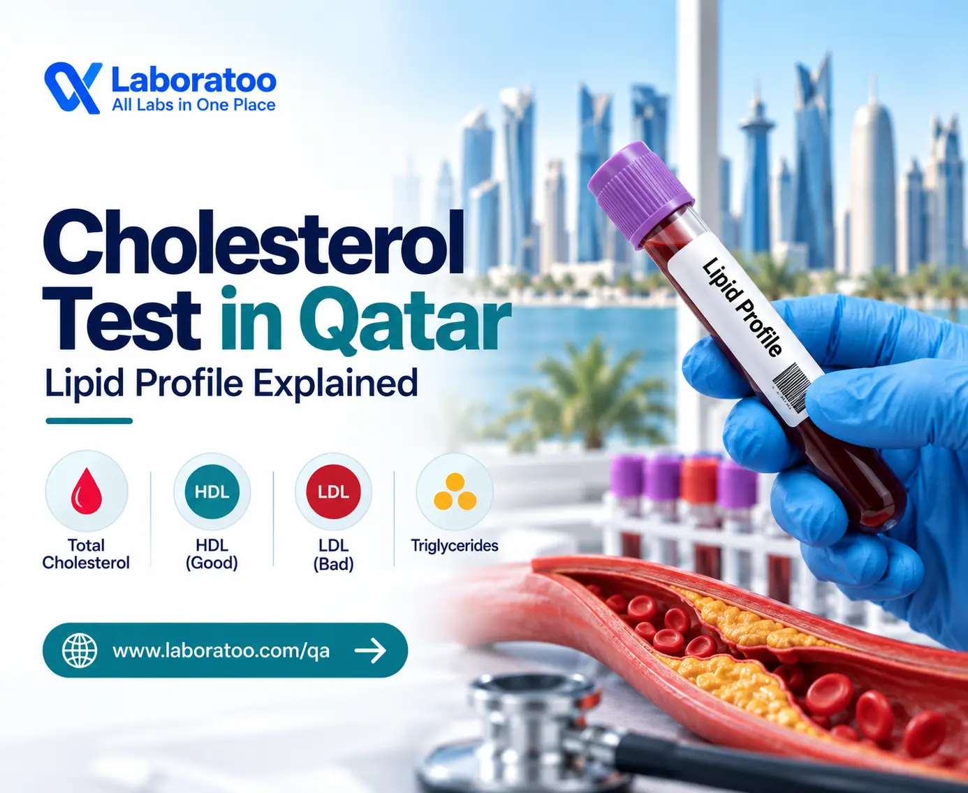 Cholesterol test in Qatar with blood sample collection for lipid profile screening